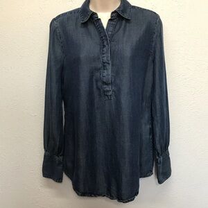 Chico's Dark Blue Button-Down Shirt Size 0 Chambray Long Sleeve V-Neck Lyocell